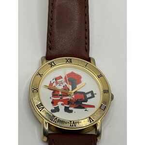 Christmas Santa Claus Watch Brown Leather Strap Japan Movt Quartz Movement